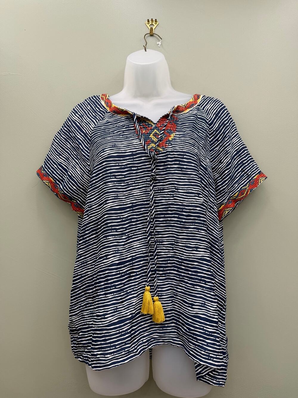 THML Embroidered Striped Boho Tassel Blouse Top Navy White Size L